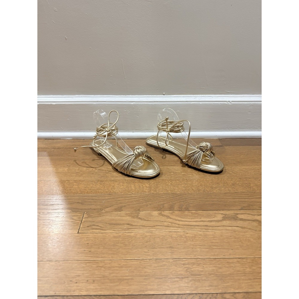 On 34th Gold Synthetic Glam Strappy Tie Ankle Strap Flat Sandals Womens Sz 10